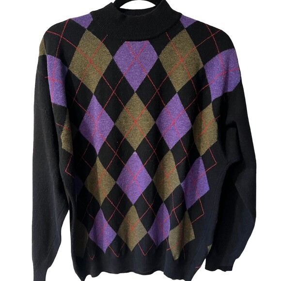 SISLEY Sweater Mens XL Argyle Diamond Relaxed Elegance Mock Neck Golf Italy Vtg - Picture 1 of 7